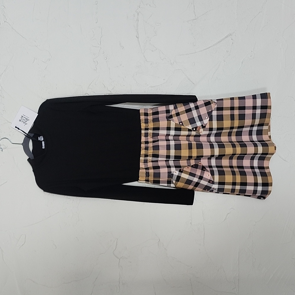 Deux par Deux Girls Mock Neck Mixed Media Plaid Press